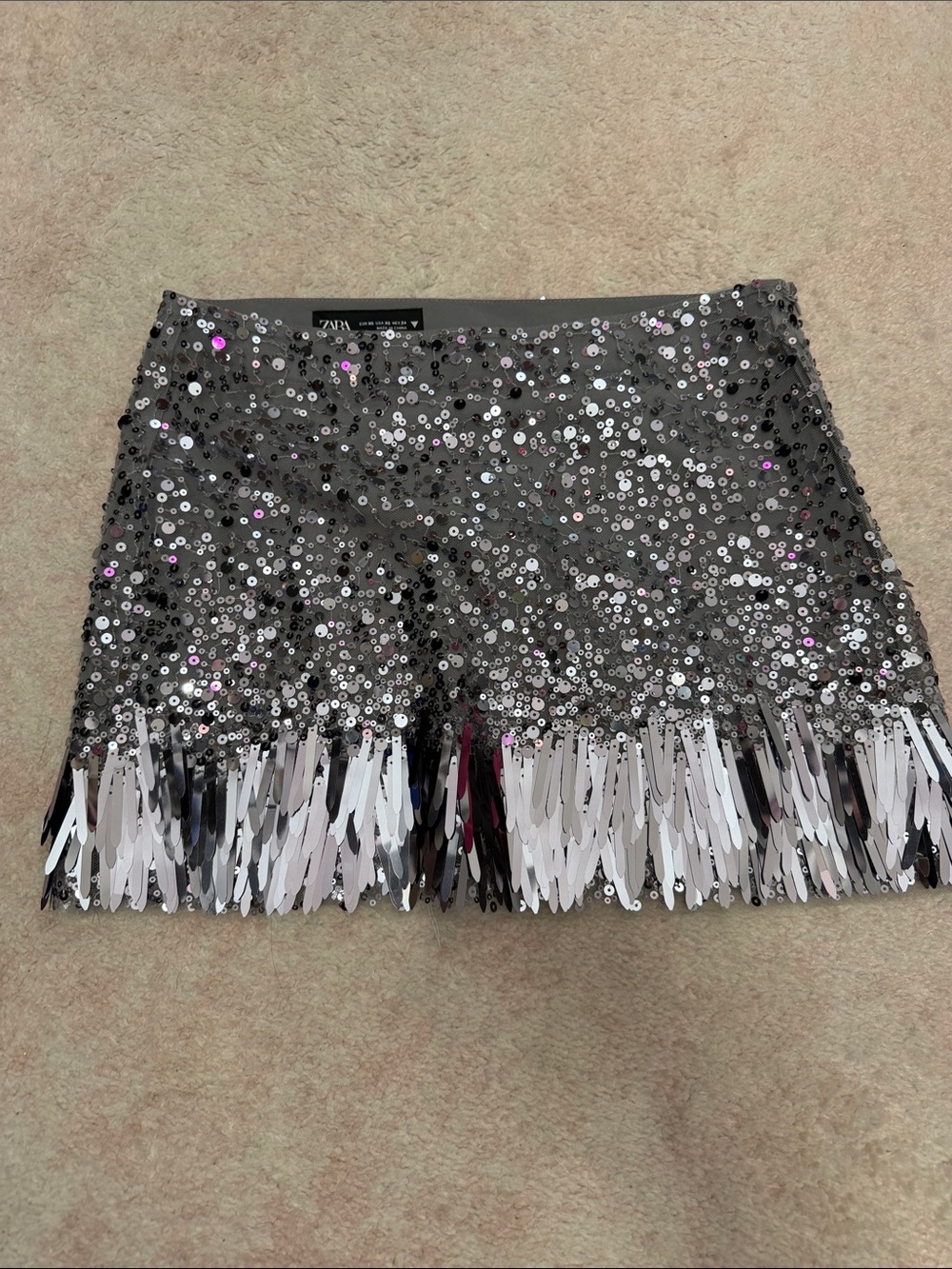 Zara Silver Sequin Fringe Mini Skirt